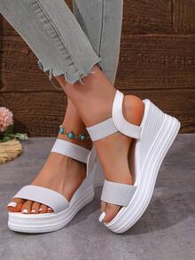 Plus Size Women Bohemian Rhinestone Embellished Wedge Sole Casual Beach Sandals - White - View 4