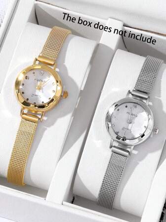 2 piezas Reloj de cuarzo pequeño y personalizado de moda y creativo para mujeres, esfera redonda y simple, correa de aleación, reloj de pareja de hermanas, adecuado para festivales, fiestas, bodas y uso diario, el mejor regalo para mujeres.