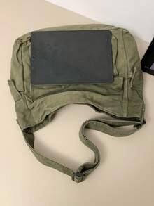 Large Capacity Shoulder Bag, Japanese Style Messenger Bag For High School/College Students, Vintage Washed Canvas, Multi-Pocket, Foldable, Green Bag School Shopping Bag Canvas Tote Bag Laptop Case - Green - View 8