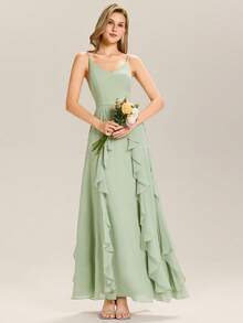 EVERPRETTY Flowy Ruffle V-Neck Sage Green Bridesmaid Dress, Suitable For Weddings, Birthdays, Formal Occasions - Mint Green - View 2