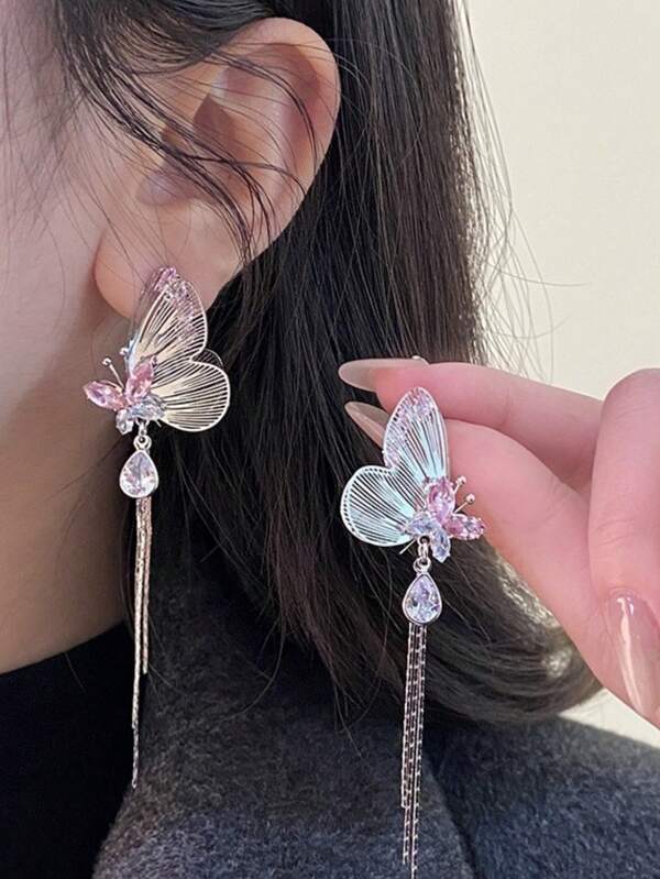 2pcs Ethereal Purple Hollow Butterfly Tassel Earrings, Luxury Exaggerated Earrings With High-End Aesthetic For Women