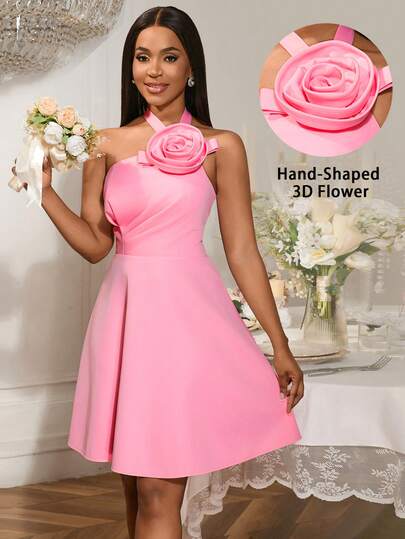 Halter Neck Petal Decrated Party Formal Wedding Guest Swing Short Dresses Bridal,Outfit For Date,Party,Wedding Dress,Bridesmaid Dress,Graduation Dress,Wedding Guest,Back To School