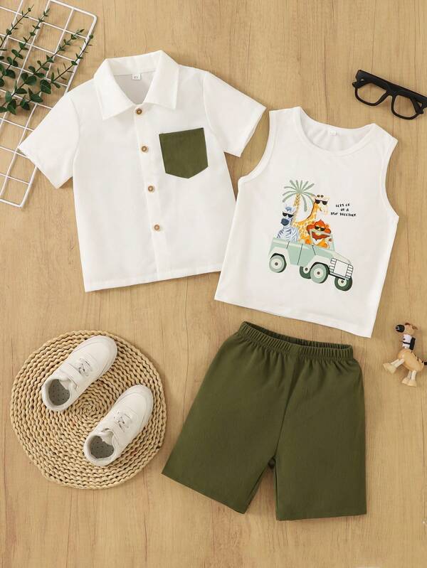 3pcs Boys Summer Clothes Set 2025 - Color Block Shirt With Giraffe Print Tee & Elastic Shorts, Matching Outfit For 2-7 Year Old Toddler, Beach Vacation Playwear