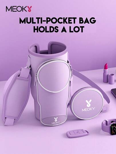 1pc Neoprene Insulated Water Bottle Sleeve, With Shoulder Strap, Portable Drink Holder, Fashion Accessory, Pink Pattern Design, Water Bottle Protective Cover