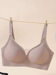 Plus Size Seamless Underwire-Free Padded Plunge Bra With Adjustable Back Closure, For Small Bust Women