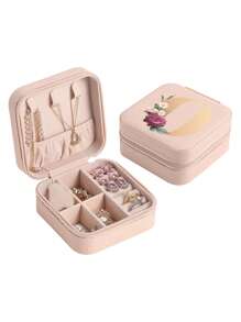 1pc Mini Floral Alphabet Jewelry Storage Box, A-Z Gold Letters, Portable Zipper Travel Jewelry Storage Box, Gift Box For Women, Multi-Function Jewelry Display Stand For Rings, Pendants, Earrings, Necklaces, Etc. - Suitable For Women, Mother, Girlfriend, Valentine's Day Gift Box.