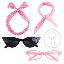 D EXCEED 6PCS Vintage 1950s Women's Accessory Collection | Retro-Inspired Prop Cat-Eye Glasses, Scarf Collar Headbands & Silk Hair Scarves With Polka Dot Stud Earrings - Perfect For Vintage-Themed Parties & Events