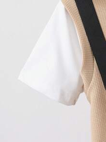 2pcs/Set Young Boy Casual Slogan Print Waffle Patchwork Short Sleeve Hoodie T-Shirt & Shorts + Chest Bag Suit, Suitable For Summer Outdoor, Casual Sports, Daily School Wear - Khaki - View 6