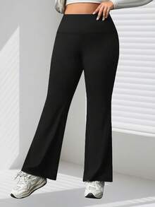 1 pieza Pantalones de yoga de talle alto de talla grande con efecto moldeador y elástico de alto impacto para cadera, color sólido de verano, moda simple, pantalones acampanados deportivos para exteriores, fitness, running, ciclismo, shorts de boxeo, pantalones elásticos ligeros, suaves, de secado rápido y transpirables para gimnasio