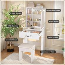 23.62" Modern Mini Dressing Table With LED-Lit Mirror & Hidden Storage,Includes Padded Stool, Adjustable Brightness Vanity Desk, Multi-Tier Dust-Proof Shelves,White - 美規A型插(110-127V) - 查看 4