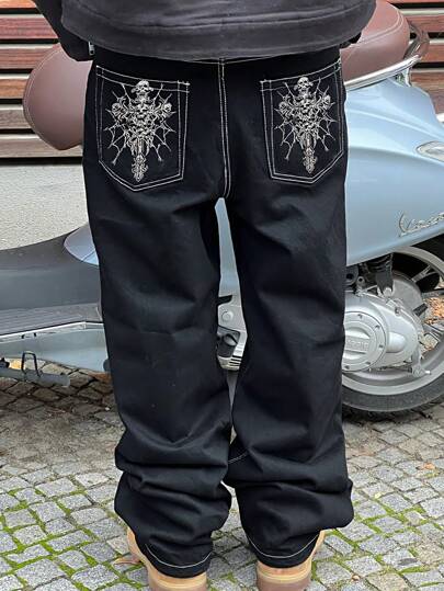 Straight Leg Wide Leg Washed Loose Casual Embroidery Jeans