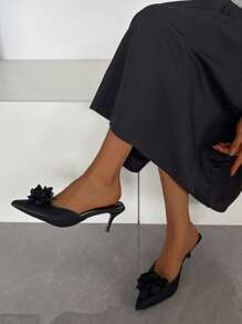 Women's New Pointed Toe Black High Heel Pumps, Floral Decor Elegant High Heel Shoes, Fashionable Mule Slip-On Comfortable Loafers