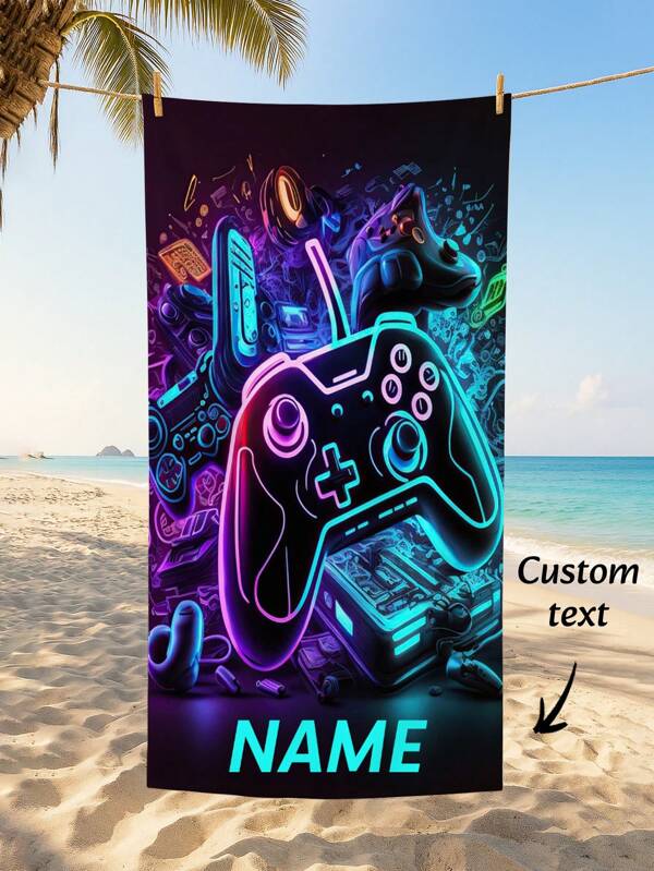 1pc Personalized Name Game Controller Pattern Beach Towels, Fast-Drying, Soft And Comfortable Beach Accessories And Travel Accessories. Beach Essentials,Vacay Vibes