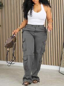 Women's Solid Color High Waisted Cargo Pants  Wide Leg Straight Trousers With Multi Pockets  Casual Streetwear - Xám - Xem 2