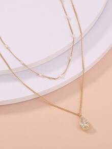 Nooxian 1 件女士时尚仿珍珠水滴铜锆石吊坠多层项链套装，独立奢华毛衣链（珍珠数量随机） - 金黃色 - 查看 3