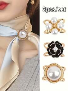 3pcs/Set Elegant Golden-Tone Faux Faux Pearl Scarf Clips,Scarf Buckle, Versatile Knot Holders For Women'S Fashion Accessories, Perfect For Parties, Daily Wear, And Gift Giving