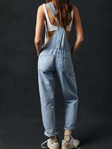 Women Denim Overalls 90s Streetwear Jumpsuit Strape Shoulder Button Front Romper Party Wear - Light Blue - 查看 2