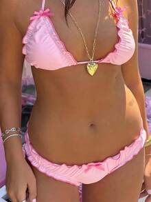 Alyweatry Women Y2K Bikinis Sets Coquette Aesthetic Bows Halter Tie Up Bikini Top High Cut Elastic Waist Bikini Bottom - 粉色 - 查看 3
