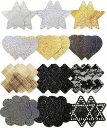 Glitters Pasties Rave Nipple Covers Stickers For Women Rave Party 12 Pairs Disposable Sticky Breast Petals - 黑色 - 查看 1