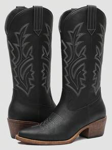 GLOBALWIN Women's Mid Calf Western Cowboy Boots Cowgirl Boots For Women With Floral Embroidery Side Zipper Chunky Heel Fall Boots Halloween Season - 黑色 - 查看 1