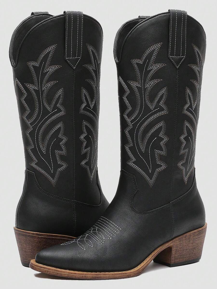 GLOBALWIN Women's Mid Calf Western Cowboy Boots Cowgirl Boots For Women With Floral Embroidery Side Zipper Chunky Heel Fall Boots Halloween Season - 黑色 - 查看 1