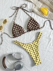 女士性感比基尼泳装，复古碎花双面三角比基尼沙滩套装，适合海滩女孩夏季度假 - 米棕色 - 查看 8