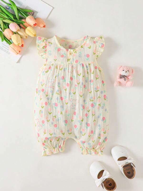 MommBaby Newborn Infant Ditsy Floral Round Neck Cap Sleeve Romper