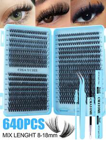 640件DIY睫毛延长套装 - 混合长度10-16毫米，包含10D、20D、30D、40D、50D簇状睫毛、猫眼睫毛、Cosplay睫毛、俄罗斯卷睫毛、自然睫毛、浓密睫毛和夸张睫毛等款式，含粘合剂和密封胶、镊子，适合初学者使用，厚度0.07毫米，D型卷翘，适合家庭使用。睫毛簇状套装，睫毛，假睫毛
