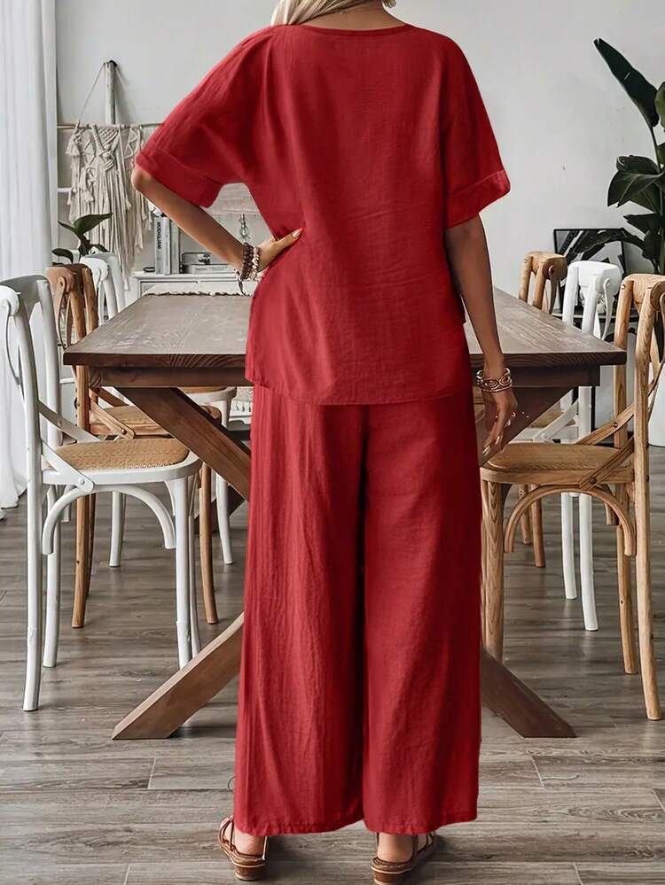 Women's Summer Elegant Set, Fashion Casual Vacation Daily Commute Versatile Solid Crew Neck Top Blouse & High Waist Loose Wide Leg Elastic Waist Pants 2 Pieces Set Spring - Red - View 2