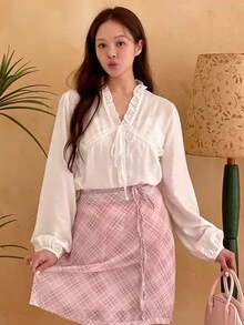 YIU 女装夏季少女纯色蕾丝边系带设计前扣长袖雪纺衬衫夏季女装新品 - 白色 - 查看 5