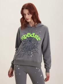 Spider Web Fashion Hip-Hop Printed Flower Hoodie, European And American  Brand Large-Sized Loose Men's And Women's Hooded Sweatshirt Set - 灰色 - 查看 2