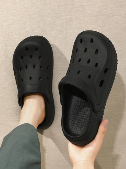 男女纯色厚底休闲镂空凉鞋，大码，适合度假、篮球、驾驶、沙滩、跑步，防滑透气包头拖鞋