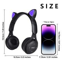 新款猫耳无线耳机，渐变色可爱女士耳机，情人节/圣诞节/新年礼物，带卡槽，可折叠，迷你马卡龙，节日礼物无线耳机 - 黑色 - 查看 4