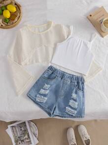3pcs Set Tween Girls' Fashionable Outfit: Hollow Design Top, Camisole And Light Wash Distressed Denim Shorts