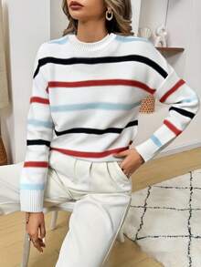 Farbblockstreifen Rundhals Langarm Pullover in Große Größen, Herbst/Winter