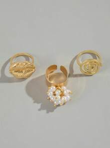 3 stuks vintage spiraalvormige metalen ringen, overdreven lip- en imitatieparelringset, damessieraden voor feesten en cadeaus