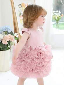 Baby Girls' Pink Cap Sleeve Bow Tie Elegant Party Tulle Cake Dress, Princess Dress Suitable For Baby's 1st Birthday Party, Wedding, Banquet, Luxury Flower Girl Dress - Pink - View 8