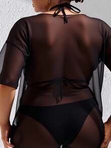 Slaydiva Summer Beach Plus Tropical & Letter Graphic Drop Shoulder Mesh Cover Up Dress Without Bikini Set - Black - View 2