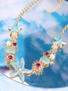 1pc Fashionable, Exquisite, Lively, Creative, Cute, Unique, Shiny Niche Bohemian Style Blue Starfish & Shell Necklace, For Women, Suitable For Summer Beach, Vacation, Daily, Party, Holiday