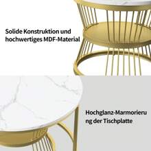 Juego de 2 mesas de centro nido, diseño de mármol, aglomerado, estructura de metal, mesa auxiliar para balcón, mesa de salón, redonda, dorada