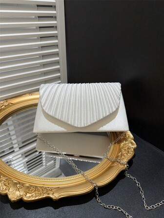 女士经典优雅褶皱设计翻盖晚宴手拿包、正式派对钱包、新娘婚礼信封手提包、适合礼服的链条单肩包