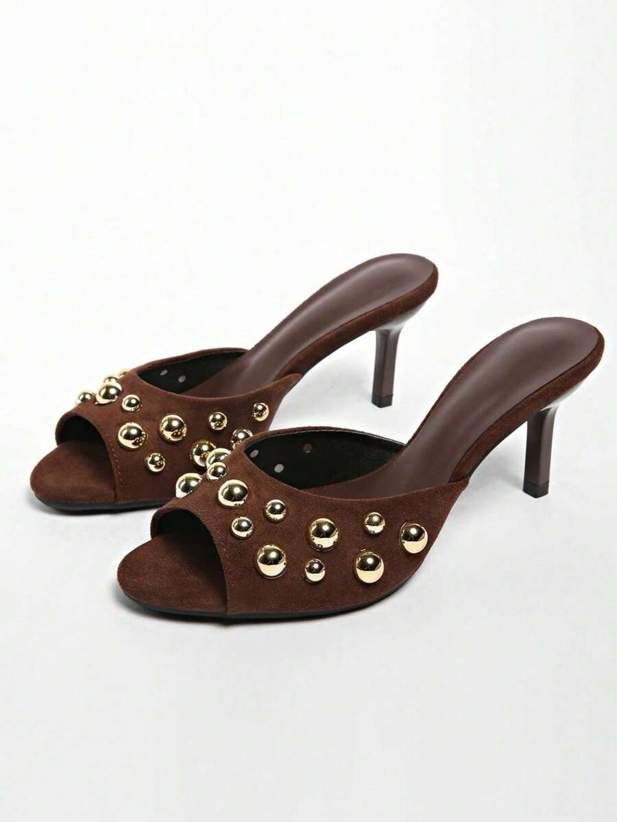 Black Rivet Decor High Heel Sandals For Women, New 2025 Collection Chic Versatile Stiletto Mules,Spring Summer Outfits