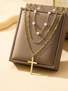 2pcs Minimalist Chic Chain Cross Necklaces, Suitable For Daily Wear - Yellow Gold - View 2