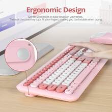 Quiet Wireless Keyboard And Mouse, Retro Typewriter-Style Full-Size Colorful Keyboard And Mouse Combo, Slim Design, Low-Noise Typing For Windows PC Laptop - Màu Hồng  Dưa hấu - Xem 6