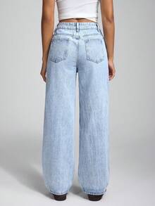 Jeanoix Holes Ripped Casual Water Wash Straight Jeans - Medium Wash - View 2