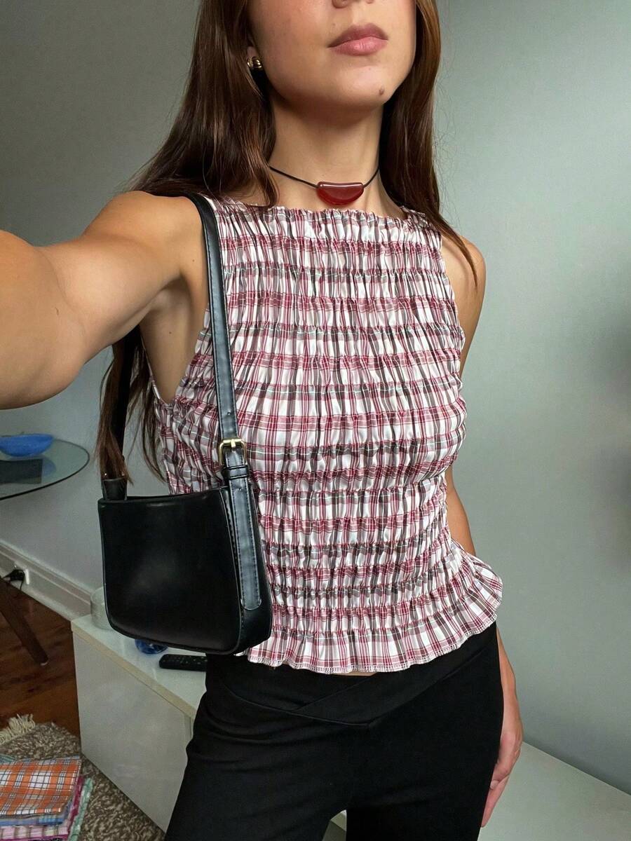 Women Y2K Plaid Smocked Tank Top Gingham Sleeveless Crewneck Pleated Ruffle Hem Vests Crop Tops Summer Ruched Shirt Going Out Tops Streetwear - 酒紅色 - 查看 1
