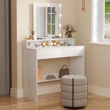 DEVOKO Dressing Table 2 Drawer&Mirror Bedroom Set Makeup Vanity Cosmetics Storage Desk Dresser Furniture White - White - View 3