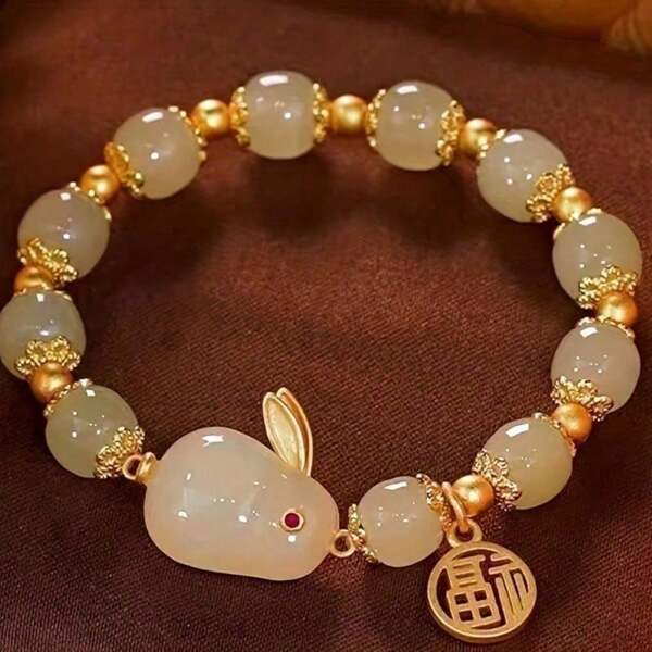 1PC Rabbit Year Lucky Bracelet - Imitation Jade & Artificial Agate Glass Charm For Girls