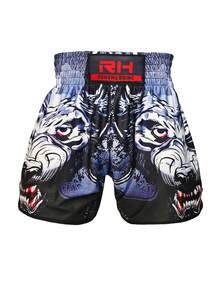 A Men's Boxing, Kickboxing Shorts With A Wolf Totem Print High-Waisted Fit - Black - View 1