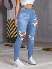 High-Quality Stretch Slim Fit Jeans With Distressed Details, Minimalist Fashion Y2K Design, Suitable For Daily Casual And Vacation Wear - Light Blue - View 4